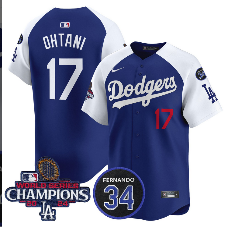 Men MLB Los Angeles Dodgers #17 Ohtani blue 2024 World Series Champions Patch Limited Jersey->los angeles dodgers->MLB Jersey